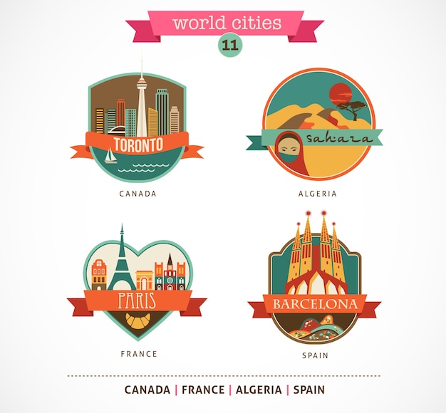 Vektor world cities labels und symbole - paris, toronto, barcelona, sahara