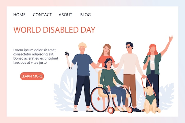 World disabled day landing page oder web-banner. menschen mit prothese und rollstuhl, taubstumme und blinde mit hundebegleitung. .