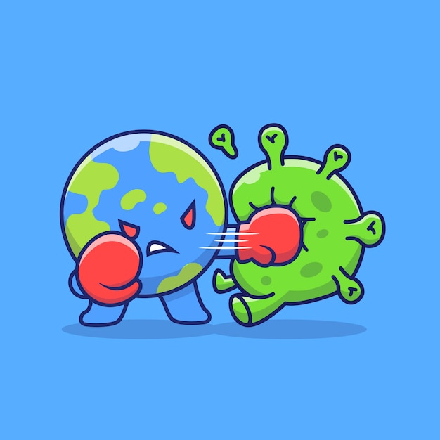 World fight corona virus icon illustration. corona maskottchen zeichentrickfigur. world icon concept isoliert