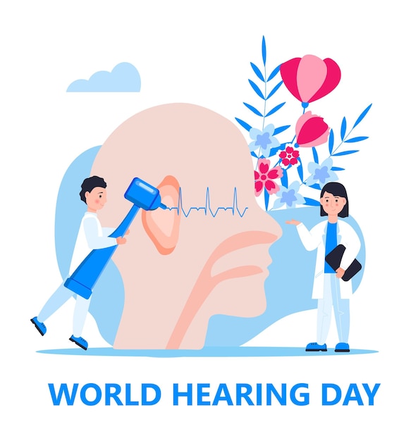 Vektor world hearing day konzeptvektor für medizinische banner-web-app winziger arzt behandelt und untersucht das ohr des patienten otolaryngology health care