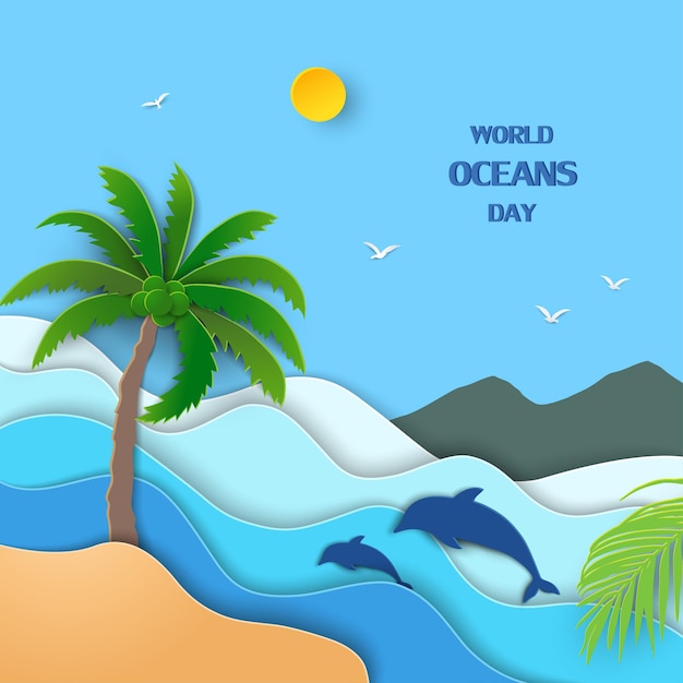 World oceans day konzept mit blick auf das blaue meer auf papierschnitt und handwerksstil