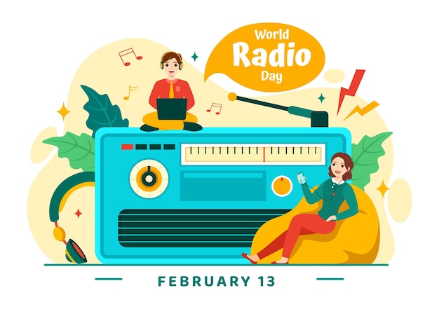 Vektor world radio day illustration am 13. februar für die verwendeten kommunikationsmedien und das hörende publikum