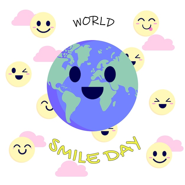 World smile day posterhintergrund mit smiley-erde und fröhlichen emojis im hintergrund.