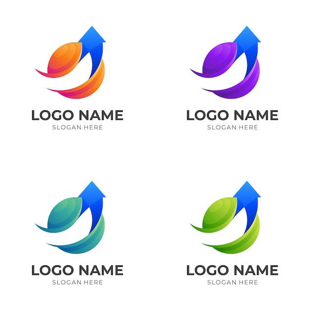World-up-logo-vorlage, globus und pfeil, kombinationslogo mit buntem 3d-stil