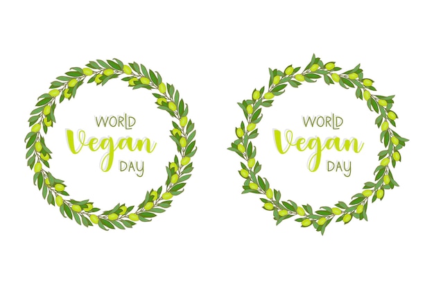 World Vegan Day runder Kranzrahmen mit grünem Olivenzweig, für Poster-Glückwunschbanner.