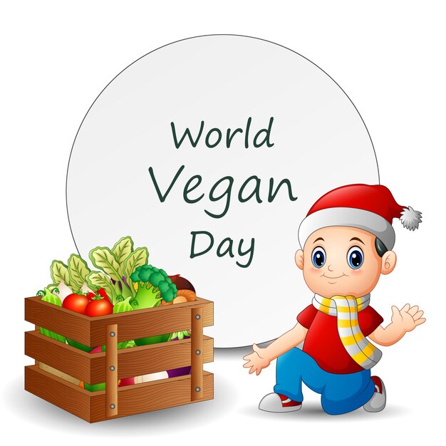 World vegan day template design mit jungen und gemüse