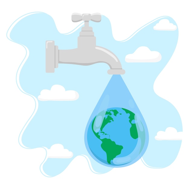 World water day vector illustration illustration mit wasserhahn und weltplaneten im tropfen perfekt für grußkarten, poster und banner