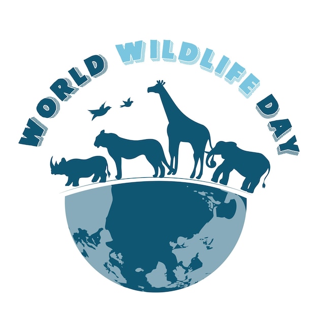 World Wildlife Day Poster mit blauen Silhouetten von Wildtierillustrationen. Welttag des wilden Lebens.
