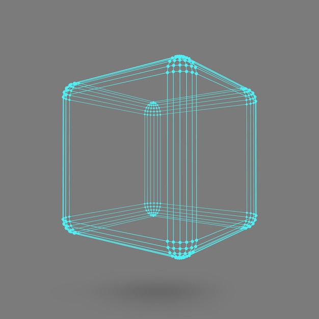 Würfel aus Linien und Punkten. Würfel der mit Punkten verbundenen Linien. Molekülgitter. Das strukturelle Gitter von Polygonen. Schwarzer Hintergrund. Die Anlage befindet sich auf einem schwarzen Studiohintergrund.
