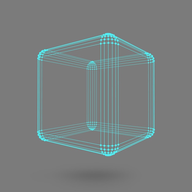 Würfel aus linien und punkten. würfel der mit punkten verbundenen linien. molekülgitter. das strukturelle gitter von polygonen. schwarzer hintergrund. die anlage befindet sich auf einem schwarzen studiohintergrund.