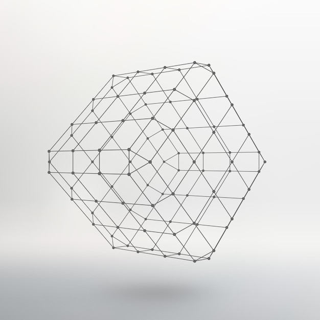 Würfel aus Linien und Punkten. Würfel der mit Punkten verbundenen Linien. Molekülgitter. Das strukturelle Gitter von Polygonen. Weißer Hintergrund. Die Anlage befindet sich auf einem weißen Studiohintergrund.
