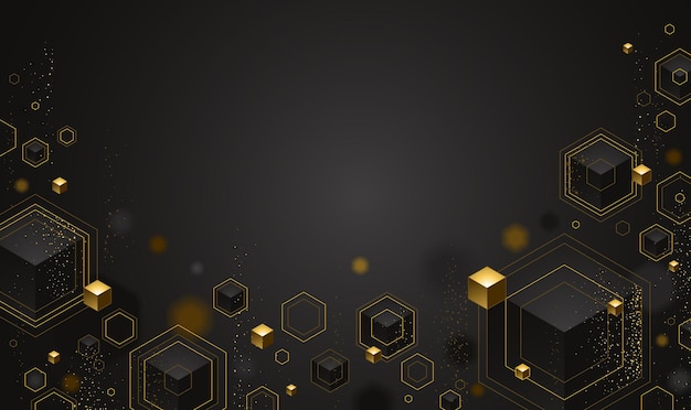 Würfel-Cluster mit goldenen Elementen, Linien und Punkten, Vektor-abstrakter Hintergrund mit Kopierraum, 3D-Abstraktion vip-Luxusstil, edles, elegantes geometrisches Schmuckdesign, glänzendes Gold.