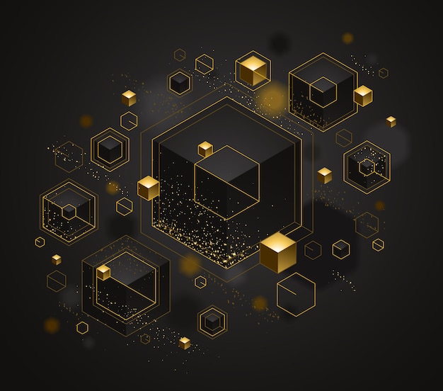 Würfel-Cluster mit goldenen Elementen, Linien und Punkten, Vektorabstrakter Hintergrund, 3D-Abstraktions-Vip-Luxus-Stil, Schmuck klassisch elegantes geometrisches Design, glänzendes Gold.