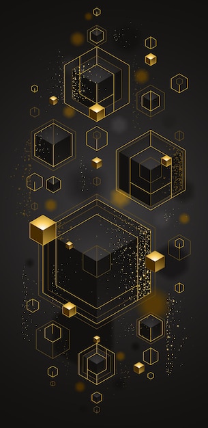 Würfel-Cluster mit goldenen Elementen, Linien und Punkten, Vektorabstrakter Hintergrund, 3D-Abstraktions-Vip-Luxus-Stil, Schmuck klassisch elegantes geometrisches Design, glänzendes Gold.