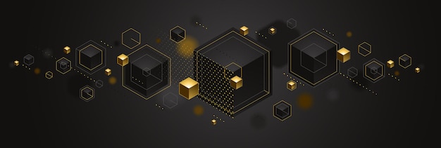 Würfel-Cluster mit goldenen Elementen, Linien und Punkten, Vektorabstrakter Hintergrund, 3D-Abstraktions-Vip-Luxus-Stil, Schmuck klassisch elegantes geometrisches Design, glänzendes Gold.