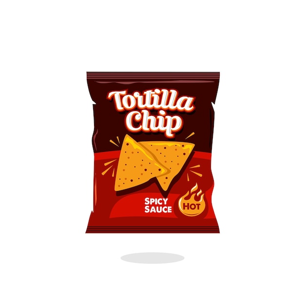 Würziger, heißer Snack, Tortilla-Chips, Beutel, Plastikverpackung, Design, Illustration, Symbol für Lebensmittel und Getränke