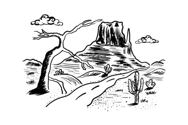 Wüste Skizze amerikanische Felsen Landschaft von Kakteen und StraßenVektor gezeichnete Illustration