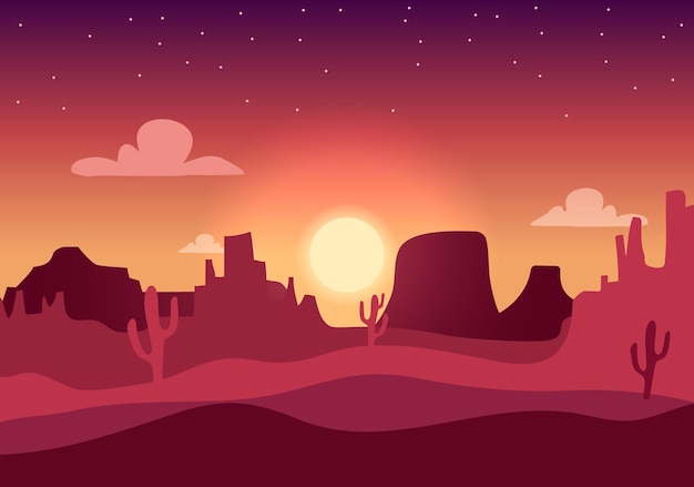 Vektor wüste sonnenuntergang silhouette landschaft arizona oder mexiko western cartoon hintergrund mit wilden cactus canyon mountain