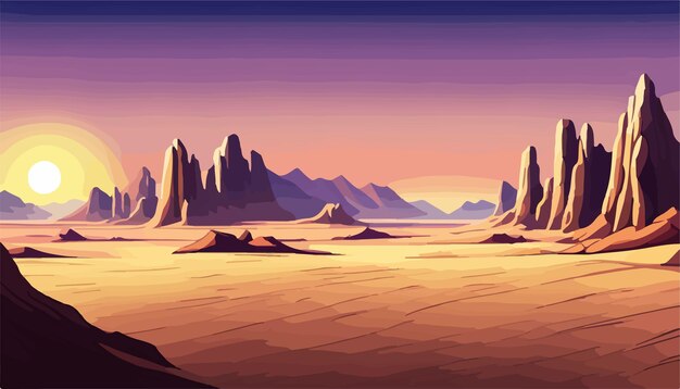 Vektor wüste südamerikas mit kaktusprärie-landschaft bei sonnenuntergang vektorillustration