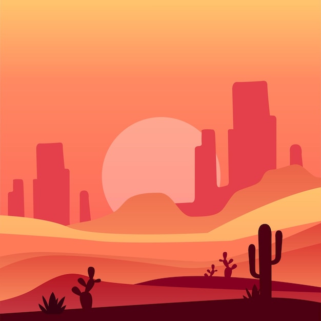 Wüste von arizona mit silhouetten von kaktuspflanzen und felsigen bergen. natürliche sandlandschaft. vektor-illustration in farbverlauf. grafikdesign für poster, website oder hintergrund für mobile apps.