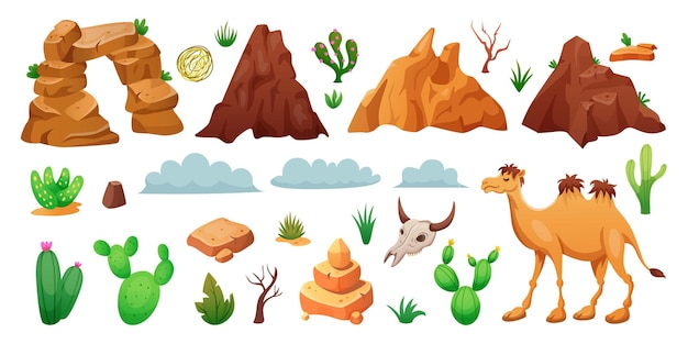 Wüsten-Cartoon-Landschaft Trockenes Land nackter Baum im Sand Kaktus und Tumbleweed Sandstein Berg Sahara-Pflanze Himmel im heißen mexikanischen Westen Sommerlandschaft Vektor Wildnis-Element ordentliches Set