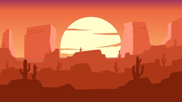 Wüsten-Silhouette-Landschaft mit hoch aufragenden Felsen und Kaktus-Sonnenaufgang-Szenerie Natur-Themen-Hintergrund