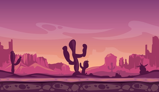 Wüstenhafte karikaturlandschaft der wüste im sonnenuntergang mit kaktus, hügeln und bergen. spiel nahtloser vektor backg