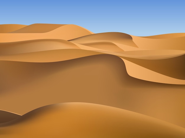 Wüstenlandschaft mit goldenen Sanddünen. Heißer, trockener, verlassener afrikanischer oder mexikanischer Naturhintergrund