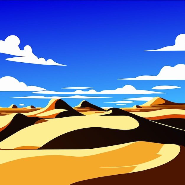 Vektor wüstenlandschaft mit goldenen sanddünen und steinen unter blauem bewölktem himmel