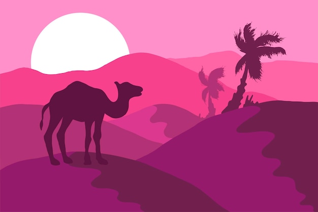 Wüstenpanorama mit flacher illustration des kamelschattenbildes. tierwelt, natur minimalistischer hintergrund