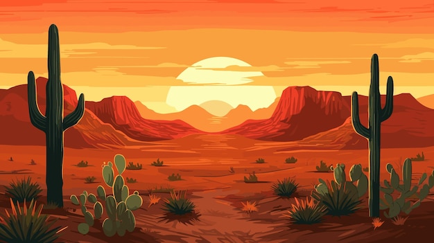 Vektor wüstensandlandschaft mit kakteen sonnenuntergang wüstendünen vektor-hintergrundillustration