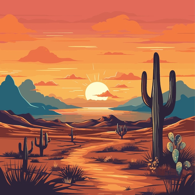 Wüstensandlandschaft mit Kakteen Sonnenuntergang Wüstendünen Vektor-Hintergrundillustration