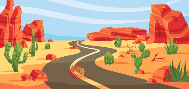 Wüstenstraße death valley western hot summer highway mit kakteen und tumbleweeds vektor landschaft hintergrund illustration
