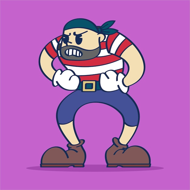 Wütende Piratenmannschaft Akimbo Pose Zeichentrickfigur Illustration Handzeichnung im Vintage-Stil
