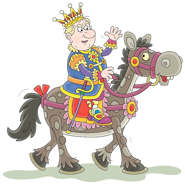 Vektor wütender könig in vollem kleid mit goldener krone, der auf einem lustigen pferd reitet und seine hand zur begrüßung winkt