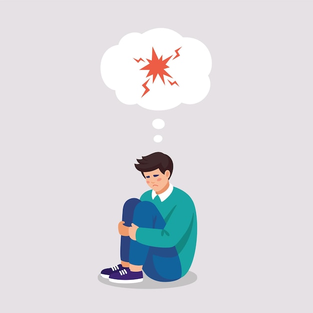 Wütender, müder Mann leidet unter Stress, Wut, depressiven Störungen. Vektorillustration von psychischen Problemen
