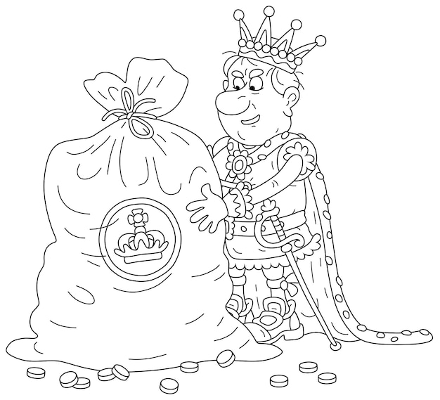 Wütender und gieriger könig und ein großer beutel mit goldmünzen aus seiner königlichen schatzkammer mit sagenhaftem reichtum