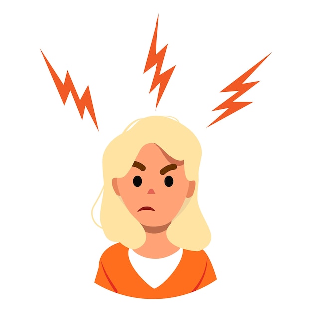 Wütendes Frauengesicht mit Blitz Vektorkonzept für flache Charaktere mit negativen Emotionen Am Rand Avatar isoliert auf weißem Hintergrund Vektorgrafik für psychische Gesundheit