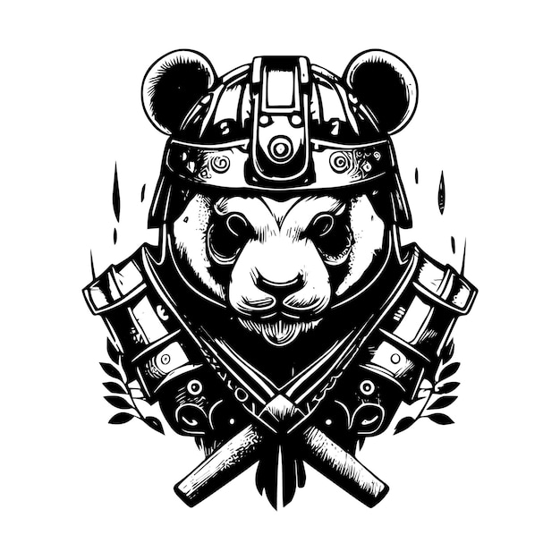 Wütendes samurai-panda-logo schwarz-weiß handgezeichnete illustration