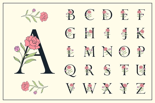 Vektor wunderschöne alphabet-sammlung von a bis z mit blumendekoration