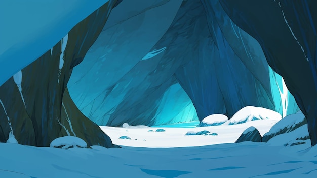 Vektor wunderschöne gefrorene höhlenlandschaft voller schnee, handgezeichnete gemälde-illustration