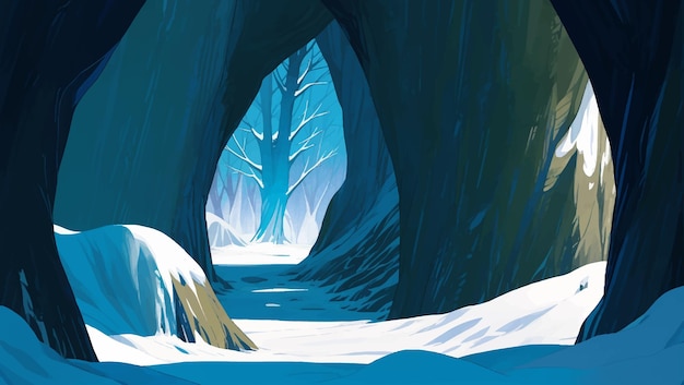 Vektor wunderschöne gefrorene höhlenlandschaft voller schnee mit blick auf tote bäume im wald, handgezeichnete gemälde-illustration