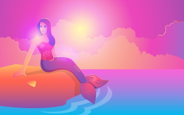 Wunderschöne Meerjungfrau, die in leuchtenden Rosa- und Lilatönen glitzert