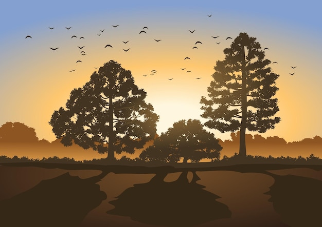 Wunderschöne Vektor-Sonnenaufgangslandschaft mit Silhouette von Bäumen und Vögeln