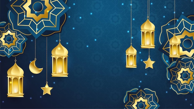 Vektor wunderschöner, realistischer, luxuriöser, blaugoldener islamischer ramadan-kareem-designhintergrund mit hängendem laternenmond und stern mit mandala-muster