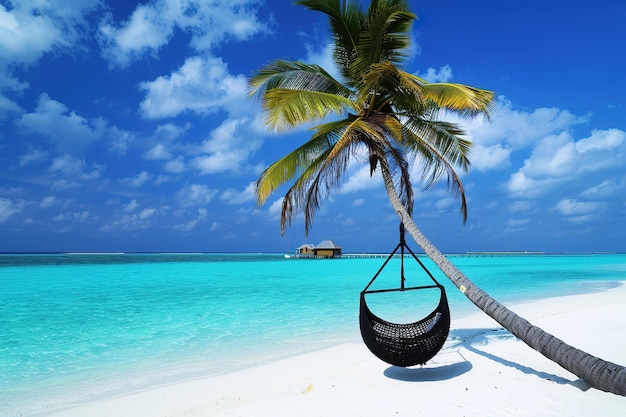 Wunderschöner Sonnenuntergang am Strand mit Palmen VektorillustrationTropischer Strand mit Palmbäumen
