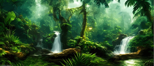 Vektor wunderschöner wasserfallfluss in dunkelgrünen tropischen wäldern, realistische fantasy-fackrop-konzeptkunst