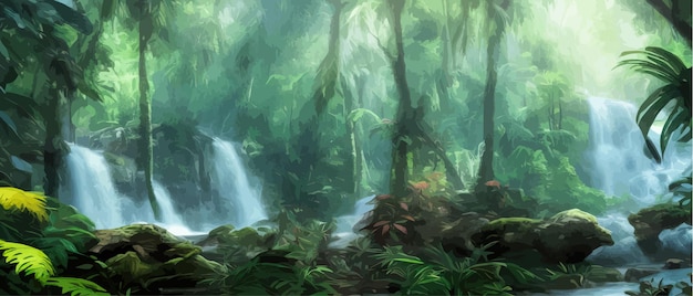 Vektor wunderschöner wasserfallfluss in dunkelgrünen tropischen wäldern, realistische fantasy-fackrop-konzeptkunst