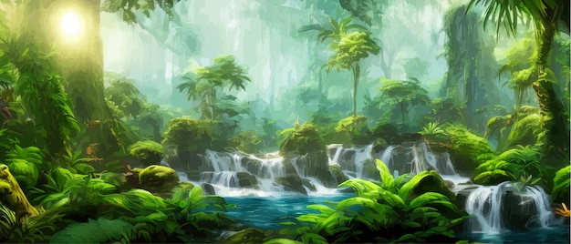 Wunderschöner Wasserfallfluss in dunkelgrünen tropischen Wäldern, realistische Fantasy-Fackrop-Konzeptkunst