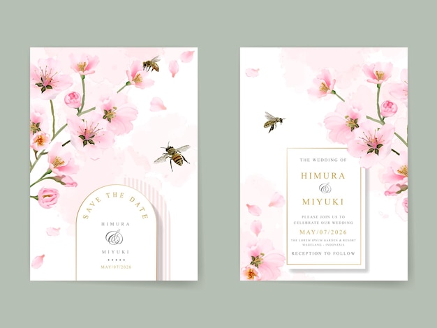 Vektor wunderschönes blumen-aquarell-hochzeitseinladungskarten-set